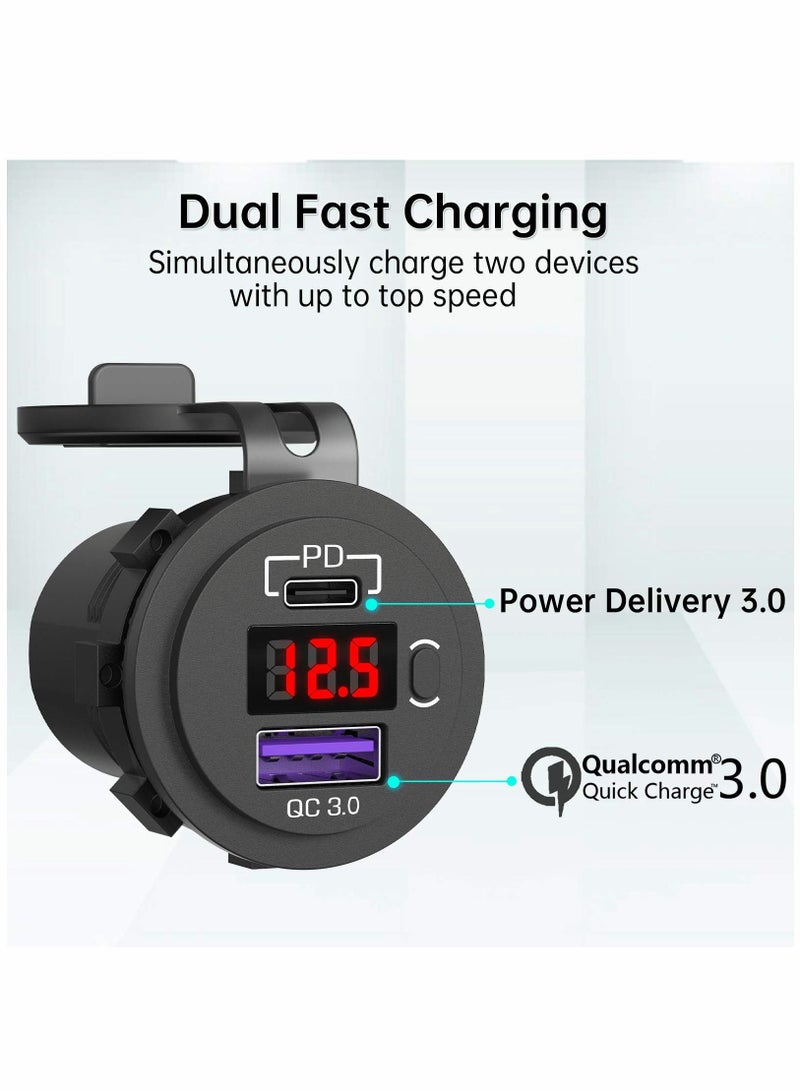 SYOSI Car Quick Charger Socket, Dual PD & QC 3.0 Ports 12V USB Car Outlet Adapter with Button Switch Voltage Display Lid 60cm Cable for Car Boat Marine Bus Golf Cart RV Motorcycle (Red Light) - Image 4