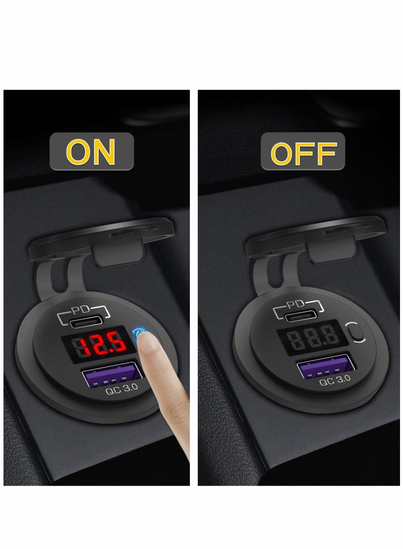 SYOSI Car Quick Charger Socket, Dual PD & QC 3.0 Ports 12V USB Car Outlet Adapter with Button Switch Voltage Display Lid 60cm Cable for Car Boat Marine Bus Golf Cart RV Motorcycle (Red Light) - Image 5