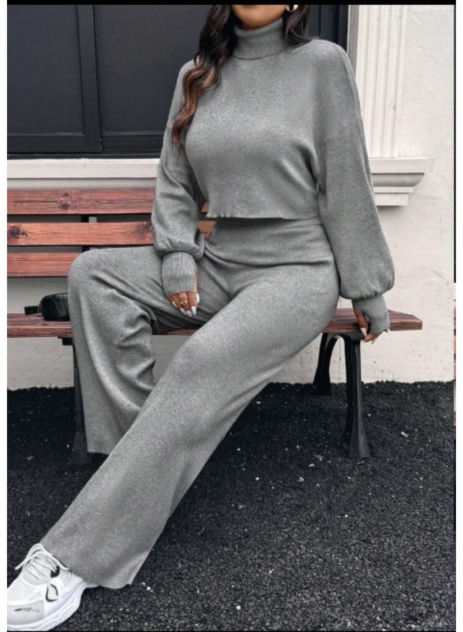 Shein A comfortable and casual wool sweater and padded pants set for everyday wear in a neutral design. The sweater features a high neck and batwing sleeves, and the pants are long. Suitable for the autumn/winter season. - Image 2
