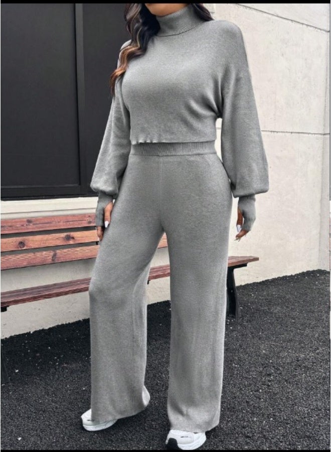 Shein A comfortable and casual wool sweater and padded pants set for everyday wear in a neutral design. The sweater features a high neck and batwing sleeves, and the pants are long. Suitable for the autumn/winter season. - Image 4