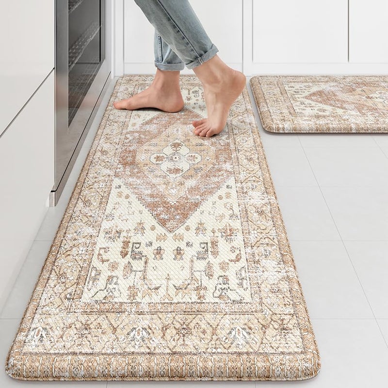 KIMODE Farmhouse Kitchen Mats,Anti Fatigue Kitchen Rugs Sets of 2, Non Slip Waterproof Kitchen Floor Mats, Ergonomic Cushioned Comfort Standing Mat for Laundry, Office, Sink,Desk,Mutil-Khaki - Image 1