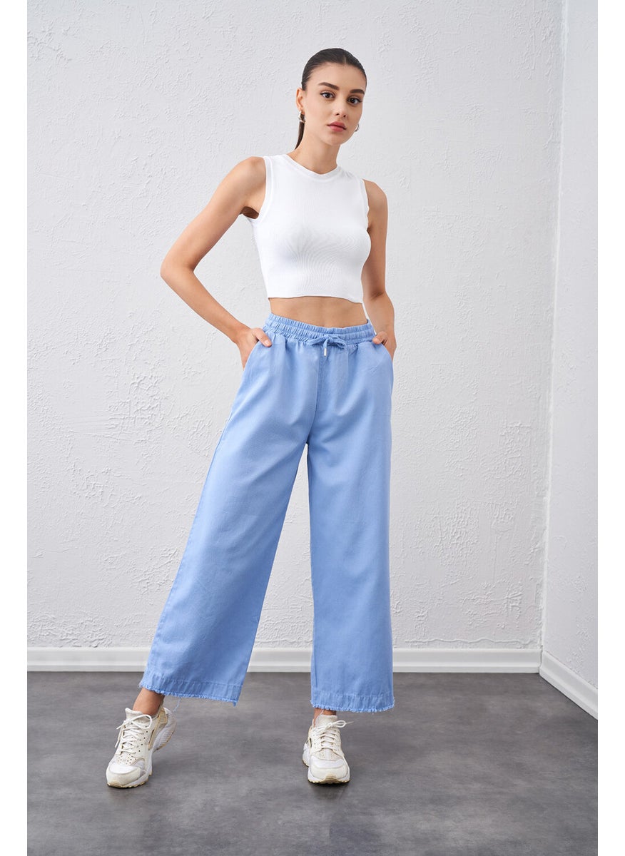 Women's Blue Tie Waist Wide Cropped Stitched Leg Trousers - pzsku/Z3036CE34BD20C183F44FZ/45/_/1739802274/24fd0052-1fd2-474f-ac14-ab4e97e4e633