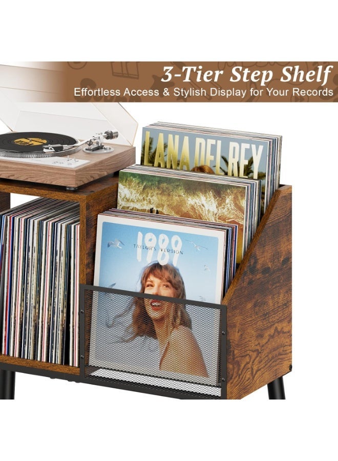 Uptyia Record Player Stand with Storage, 3-Tier Step Vinyl Record Storage Holder up to 200 Albums, Small Vintage Record Player Table, Turntable Stand Recordsfor Living Room, Bedroom - Image 3
