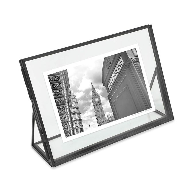 4X6 BLACK VINTAGE STYLE BRASS AND GLASS FLOATING PHOTO FRAME METAL HORIZONTAL WITH LOCKET CLOSURE AND ANGLED BASE FOR PICTURES ART MEMENTOS KEEPSAKES 4X6 BLACK