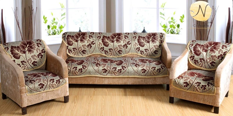 Nendle Floral Polycotton Floral Sofa Cover Set of 3+2, Design 14, Brown - Image 1