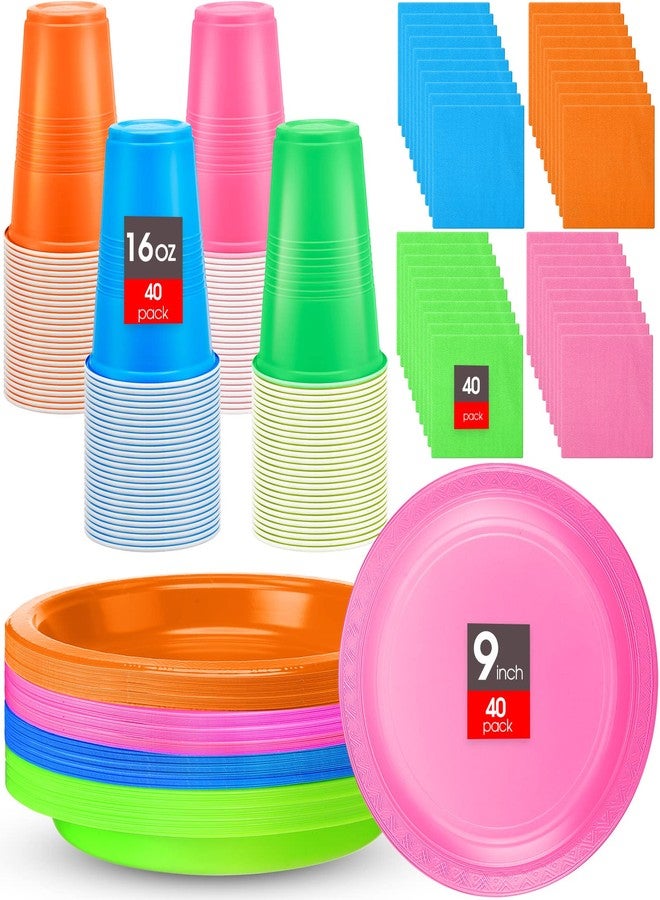 Xinnun 40 Set Neon Glow Party Supplies Plates Cup Napkin Plastic Disposable Tablewares for Glow Party Favor, 9'' Hard Plastic Plates 16 oz Cups Napkins Birthday Dinnerware(Neon) - Image 1