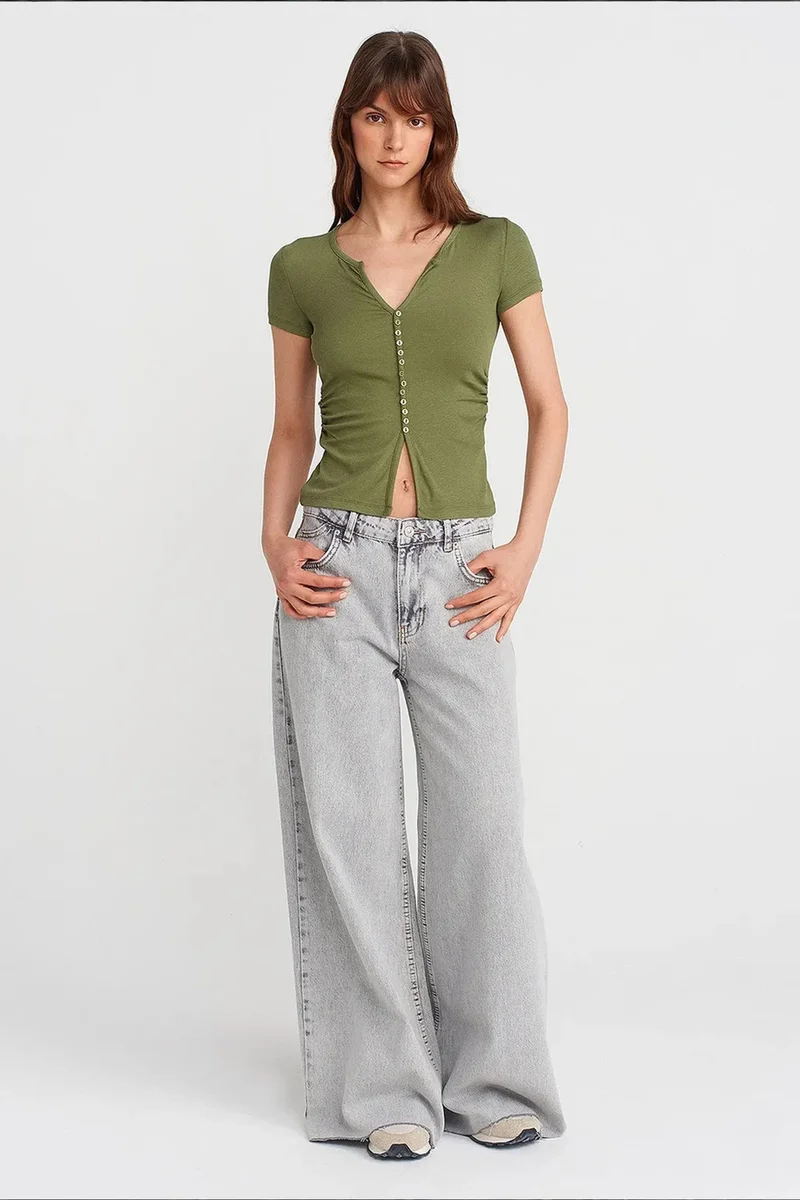Dilvin Khaki Green DILVIN Slim Fit V-Neck Button Blouse for Women | Best Price UAE