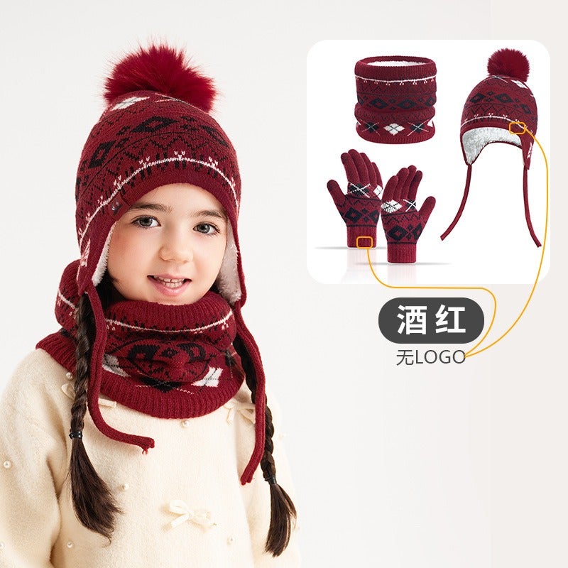 Dai Hui Jia Fair Isle Kids Winter Hat Scarf Gloves 3-Piece Set - Acrylic Knit Earflap Beanie for Boys Girls - Image 1