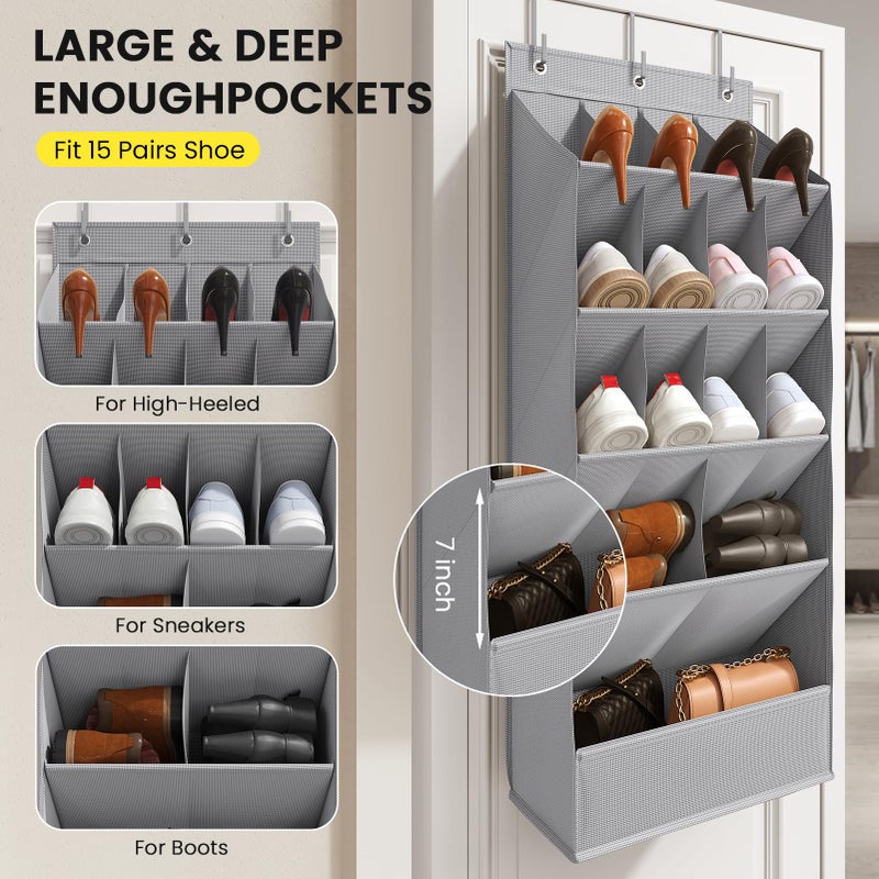 Mefirt Over the Door Shoe Rack with Large Deep Pockets, Door Shoes Organizer for Closet, Hanging Boots Shoe Rack, Behind the Door Narrow Shoe Holder, Multiple Pockets for Flexible Storage, Grey ï»¿ - Image 4