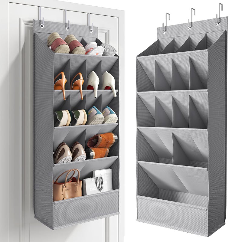 Mefirt Over the Door Shoe Rack with Large Deep Pockets, Door Shoes Organizer for Closet, Hanging Boots Shoe Rack, Behind the Door Narrow Shoe Holder, Multiple Pockets for Flexible Storage, Grey ï»¿ - Image 1