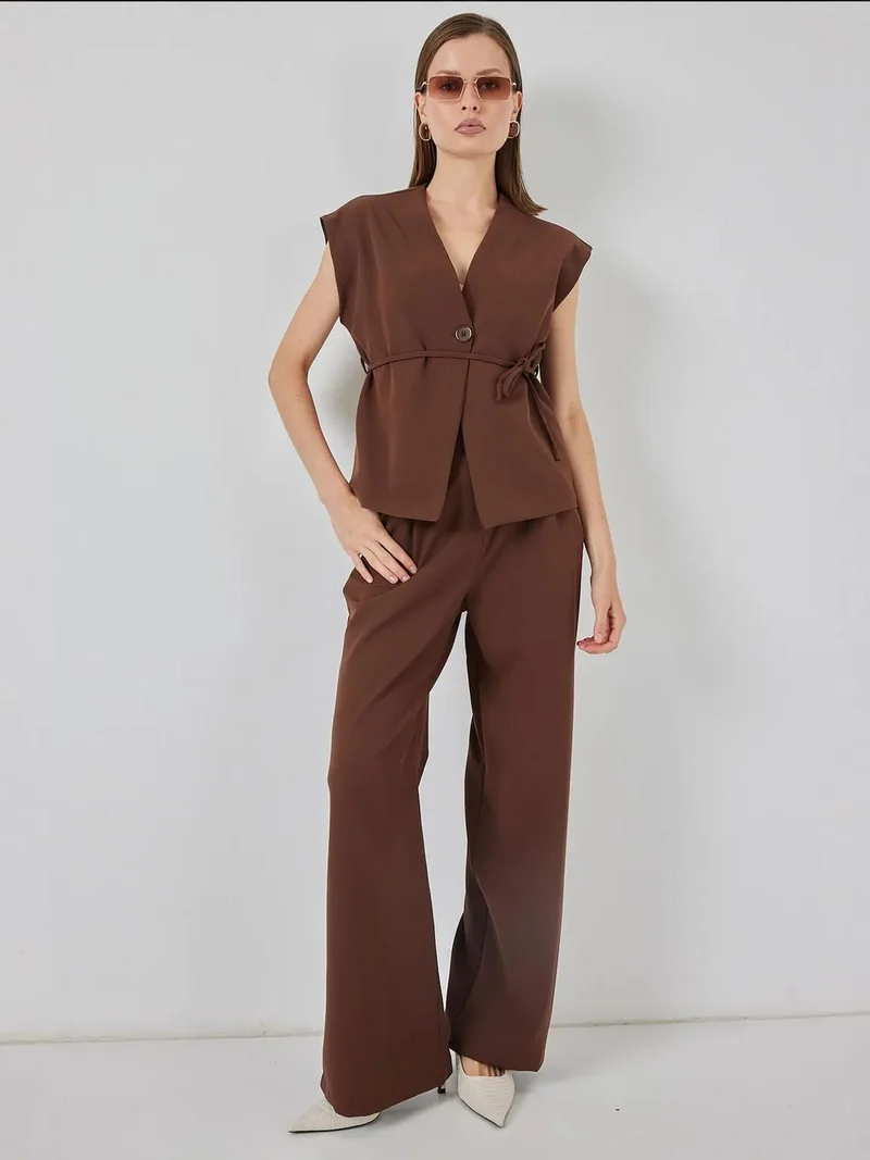 BDART V-Neck Buttoned Top & Wide Leg Pants Two-Piece Coord Set