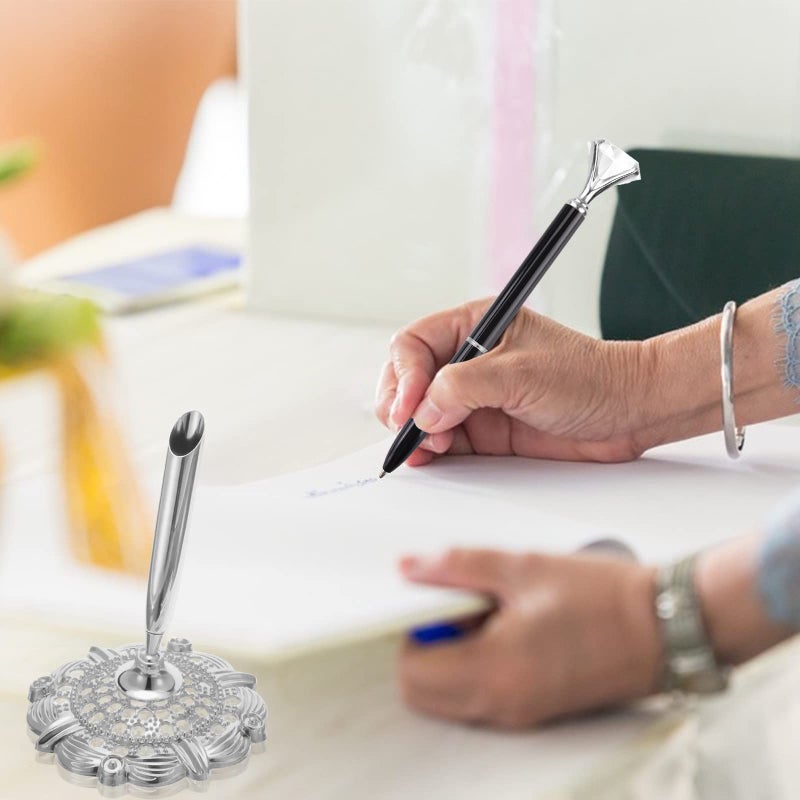 RUTICH Hollow Round Pen Holder Signing Pen Set with Big Diamond Crystal Pen for Wedding Bridal Opening Ceremony Graduation Office, Silver Holder with Black Pen(Black Ink) - Image 4