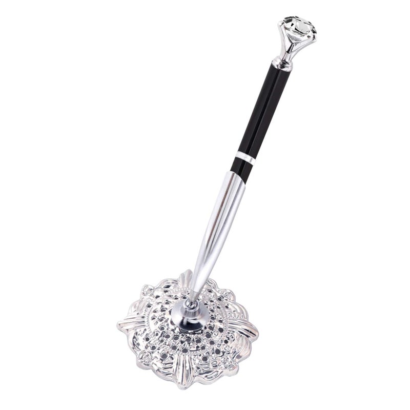 RUTICH Hollow Round Pen Holder Signing Pen Set with Big Diamond Crystal Pen for Wedding Bridal Opening Ceremony Graduation Office, Silver Holder with Black Pen(Black Ink) - Image 1