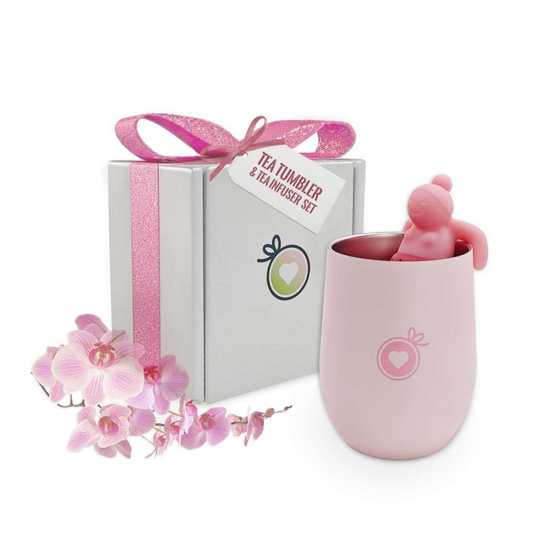 DecorChiq Gift Set for Women - Pink Tumbler with Infuser and Cute Silicone Infuser Girl for Loose Leaf Tea, Ideal Gift for Tea Lovers, Set of 2 - Image 1