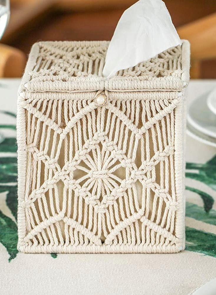 Y&D Square Tissue Box Cover, Boho Decor Paper Holder with Bead Buckle Macrame  - Image 5