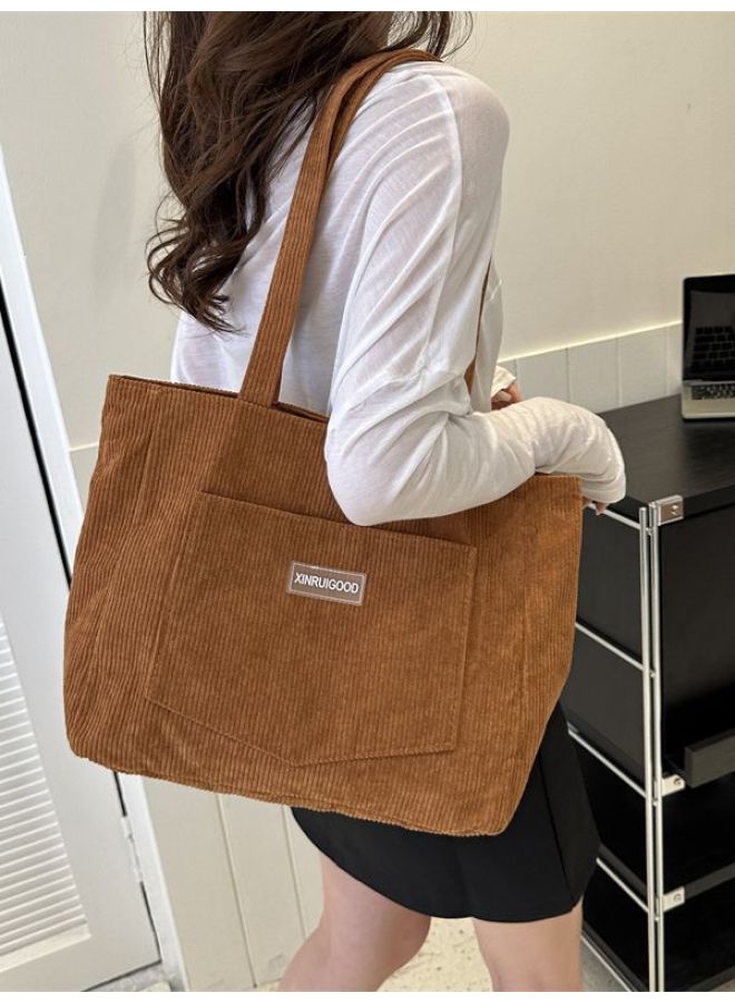 Large Capacity Tote Bag Women's 2024 Fashion Corduroy Shoulder Bag Ins Mori Underarm Bag Handbag-Color:Light Brown  - Image 3