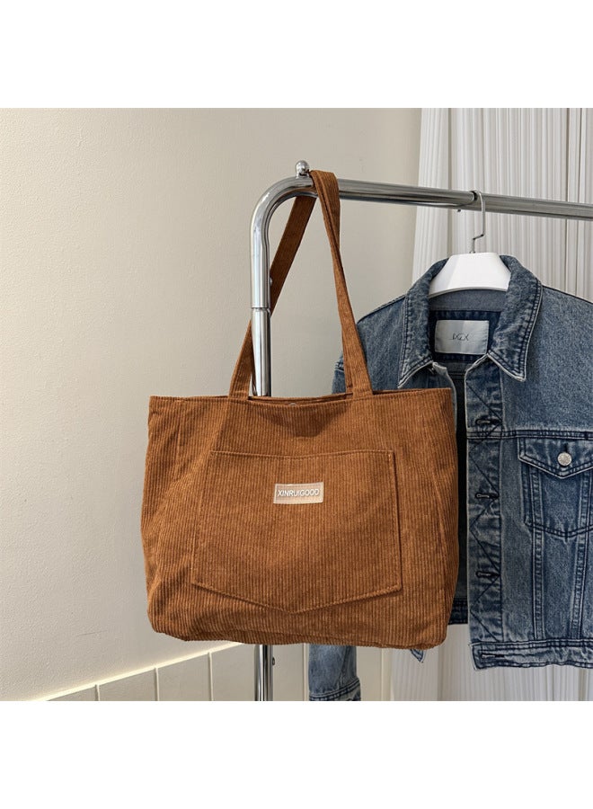 Large Capacity Tote Bag Women's 2024 Fashion Corduroy Shoulder Bag Ins Mori Underarm Bag Handbag-Color:Light Brown  - Image 1