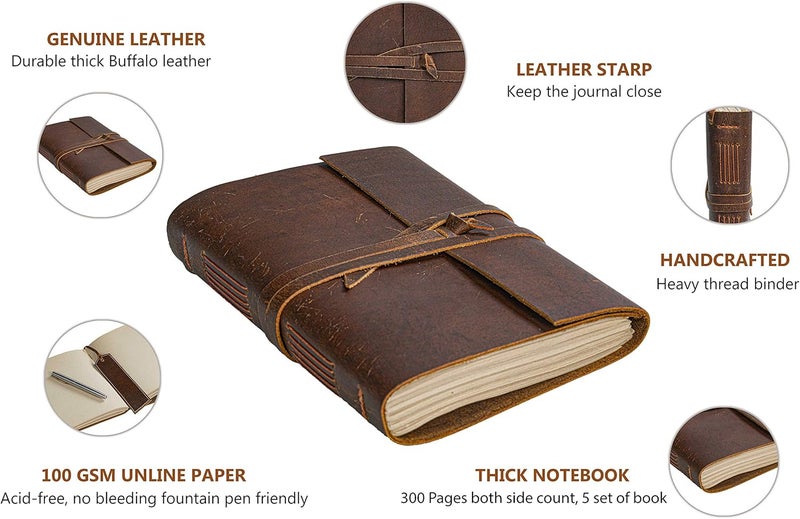 HLC Leather Journal Notebook（6x8 in）- Vintage Leather Bound Journals Handmade Rustic Finish Book for Men and Women Unlined Leather Craft Paper 300 Pages, Diary Pocket book To Write In - Image 2