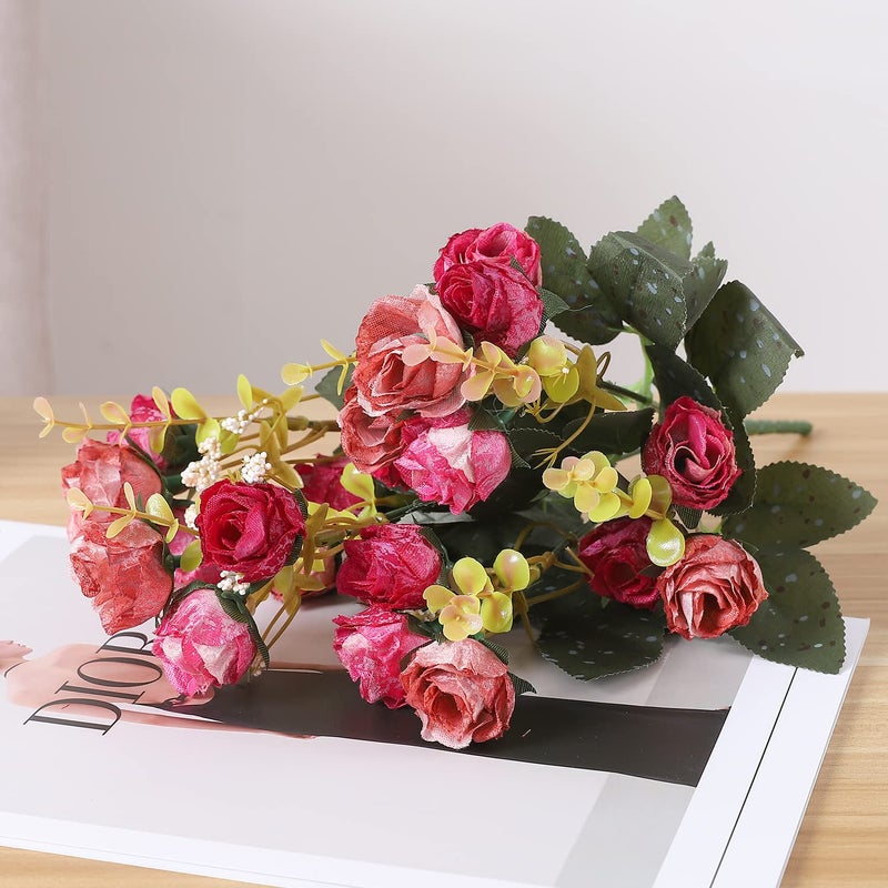 Duovlo 7 Branch 21 Mini Rose Heads Artificial Flowers Bouquet Wedding Home Office Decor,Pack of 2 (2 PCS Rose Red) - Image 3