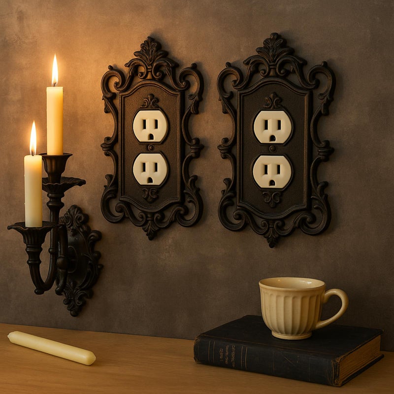 BrightRow 2 Pcs Gothic Coffin Light Switch Cover Black Outlet Covers Wall Plate Victorian Gothic Home Decor Baroque Vintage Rococo Design Plug Plate Vintage Interior Kitchen Home Decor (Duplex Outlet) - Image 1