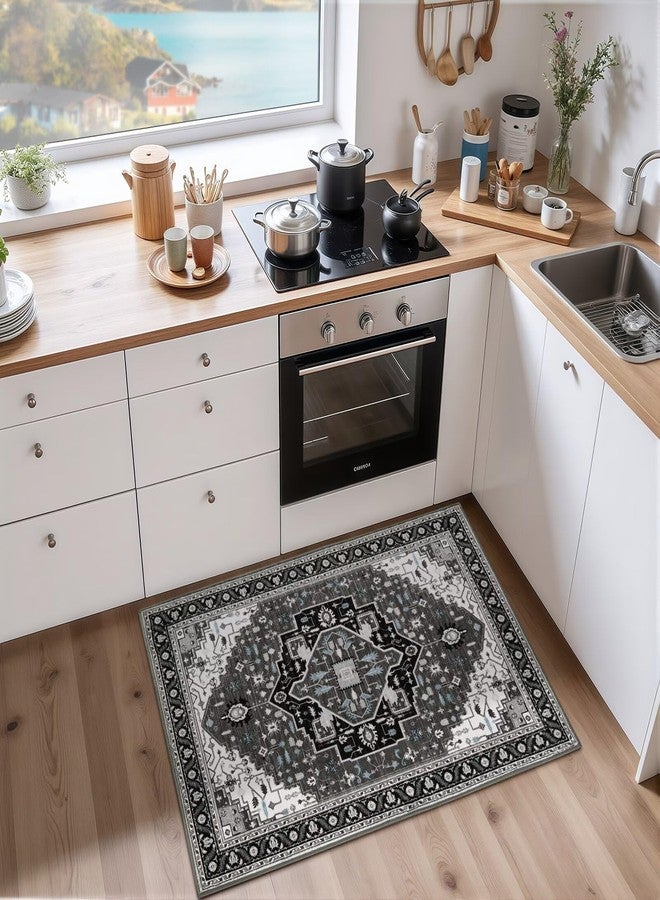 Macgace 2x3 Black Grey Small Area Rug for Entryway, Soft Washable Rugs with Non-Slip Backing for Bedroom Kitchen, Vintage Throw Carpet Laundry Entry Front Door Decor - Image 3