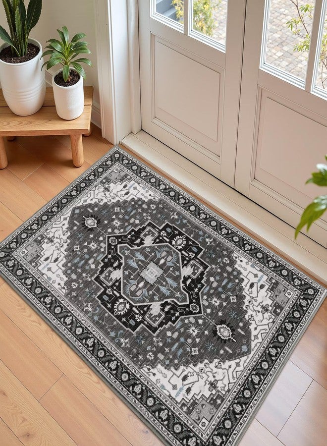 Macgace 2x3 Black Grey Small Area Rug for Entryway, Soft Washable Rugs with Non-Slip Backing for Bedroom Kitchen, Vintage Throw Carpet Laundry Entry Front Door Decor - Image 1