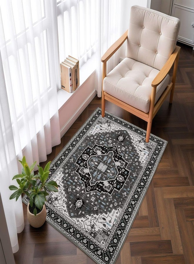 Macgace 2x3 Black Grey Small Area Rug for Entryway, Soft Washable Rugs with Non-Slip Backing for Bedroom Kitchen, Vintage Throw Carpet Laundry Entry Front Door Decor - Image 2