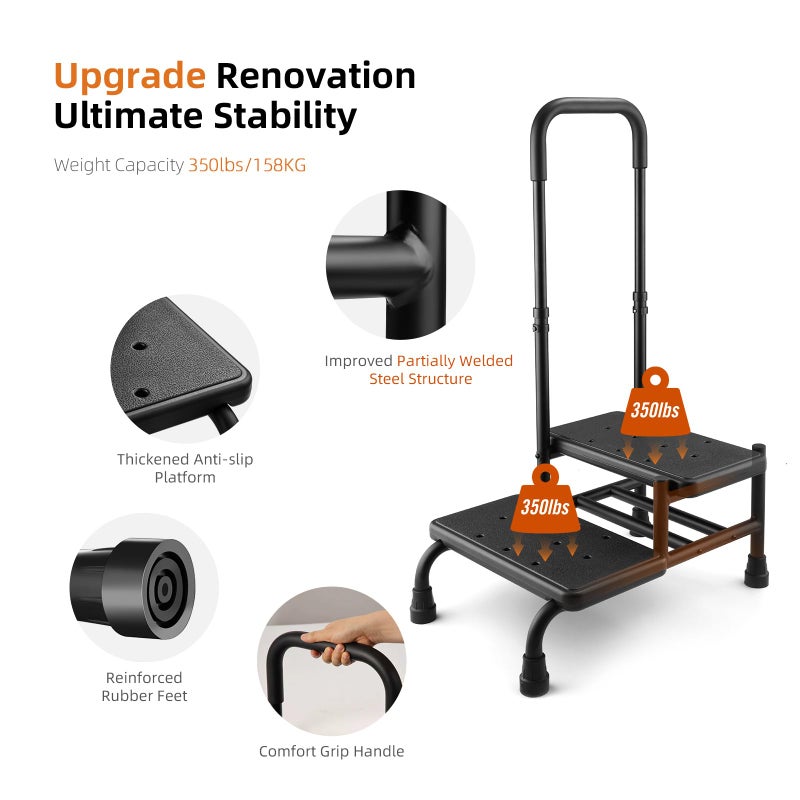 Xentrawave Step Stool with Handle, Non Slip Platform and Adjustable Handrail, Two Step Stool for Ederly, Adults and Handicap, Heavy Duty Foot Stool for High beds, Kitchen, Bathtub - Image 3