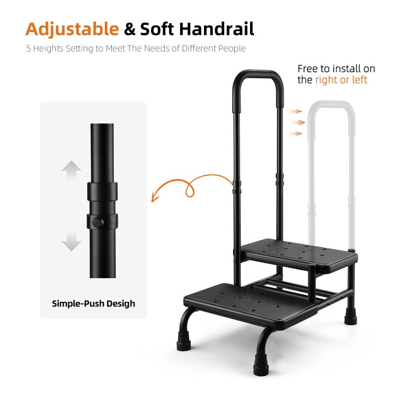 Xentrawave Step Stool with Handle, Non Slip Platform and Adjustable Handrail, Two Step Stool for Ederly, Adults and Handicap, Heavy Duty Foot Stool for High beds, Kitchen, Bathtub - Image 5