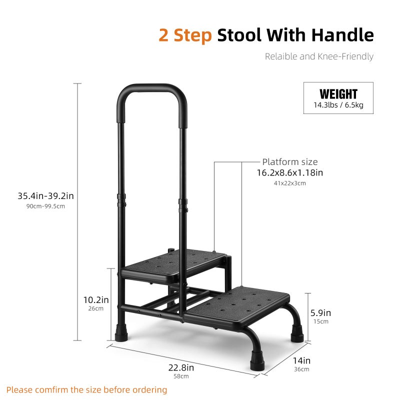Xentrawave Step Stool with Handle, Non Slip Platform and Adjustable Handrail, Two Step Stool for Ederly, Adults and Handicap, Heavy Duty Foot Stool for High beds, Kitchen, Bathtub - Image 4