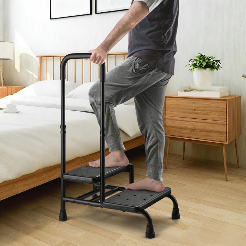 Xentrawave Step Stool with Handle, Non Slip Platform and Adjustable Handrail, Two Step Stool for Ederly, Adults and Handicap, Heavy Duty Foot Stool for High beds, Kitchen, Bathtub - Image 1