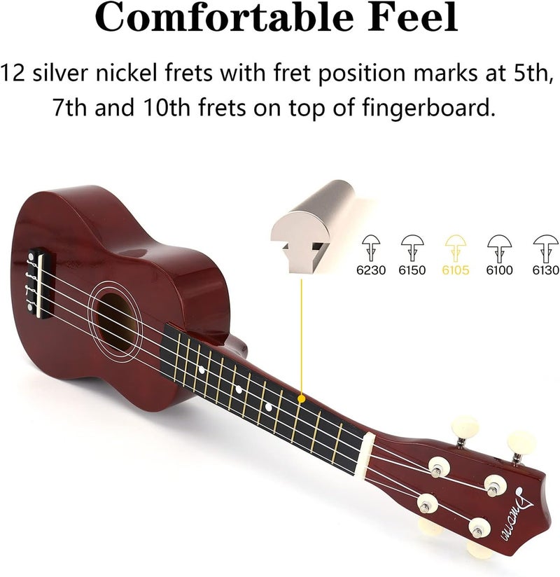 Amdini 21 Inch Ukulele for Beginners Basswood Soprano Ukelele Kit for Kids Adult Student Starter Mini Guitar Ukalelee Pack Bundle with Book Gig Bag Tuner Strap Picks Nylon Strings (Deep Brown) - Image 5