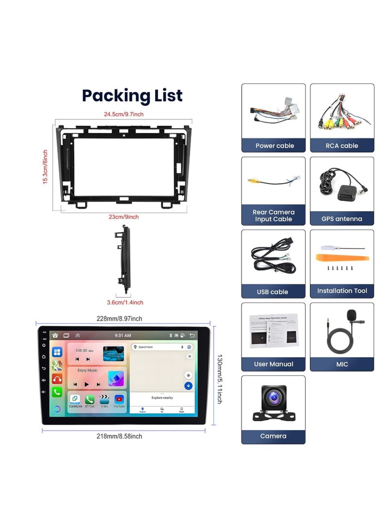 Generic - 4G+64G 8 Core Android Car Stereo for Honda CRV 2007 2008 2009 2010 2011, Double Din Car Radio with Carplay Android Auto, 9 Inch IPS Touch Screen with GPS,Bluetooth,WiFi,Mirror Link,FM, Camera - Image 1