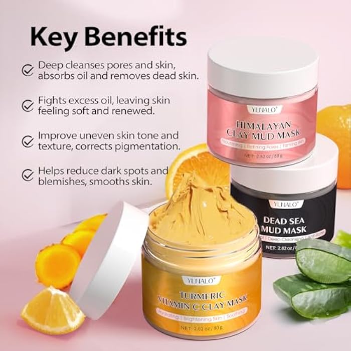 YLNALO Stocking Stuffers for Women 3 Pcs Clay Facial Mask Set - Turmeric Vitamin C, Dead Sea and Himalayan Clay Skin Care Mask for Deep Cleansing, Moisturizing, and Refining Pores, Spa Facial Mask Set - Image 2