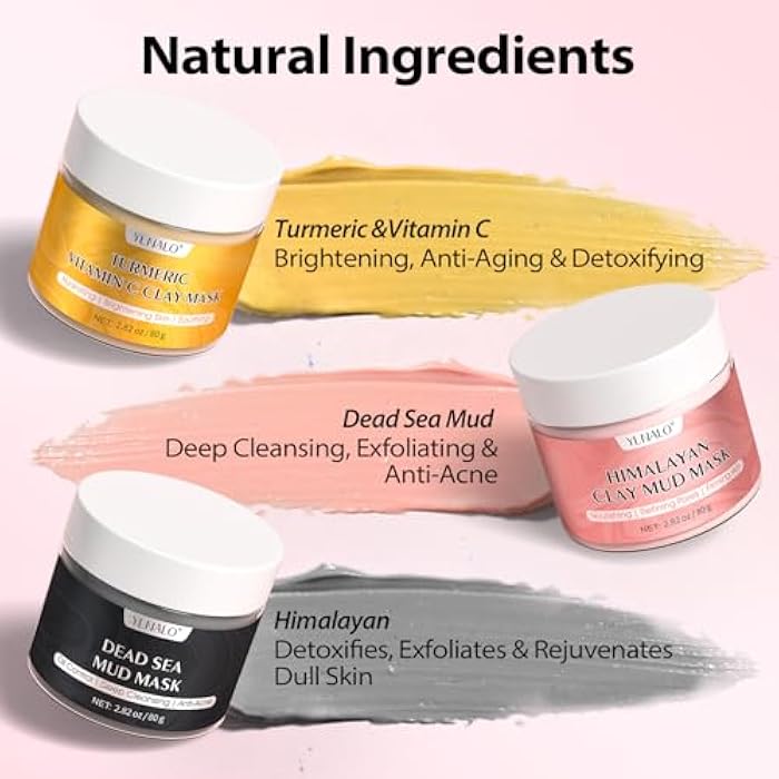 YLNALO Stocking Stuffers for Women 3 Pcs Clay Facial Mask Set - Turmeric Vitamin C, Dead Sea and Himalayan Clay Skin Care Mask for Deep Cleansing, Moisturizing, and Refining Pores, Spa Facial Mask Set - Image 3