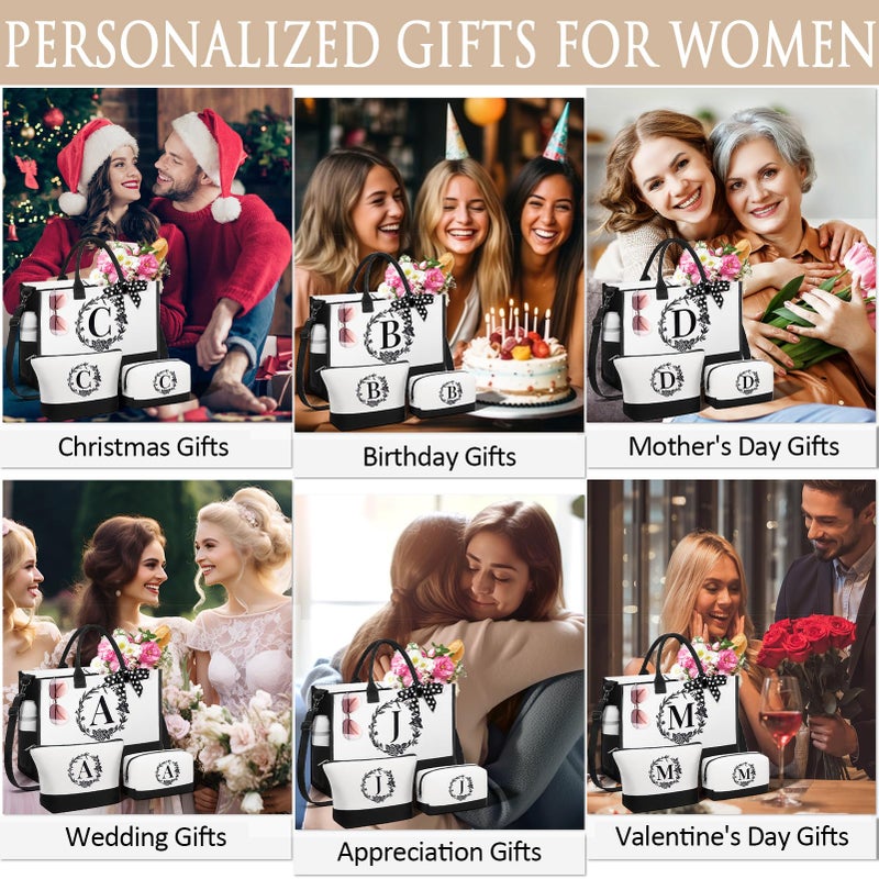 FLOE Personalized Christmas Gifts for Women, Initial Canvas Tote Bag & Makeup Bag Monogrammed Beach Tote Bags for Women w/Zipper, Birthday Gifts for Mom Her Sister Friend Girlfriend Wife Daughter Teacher - Image 5