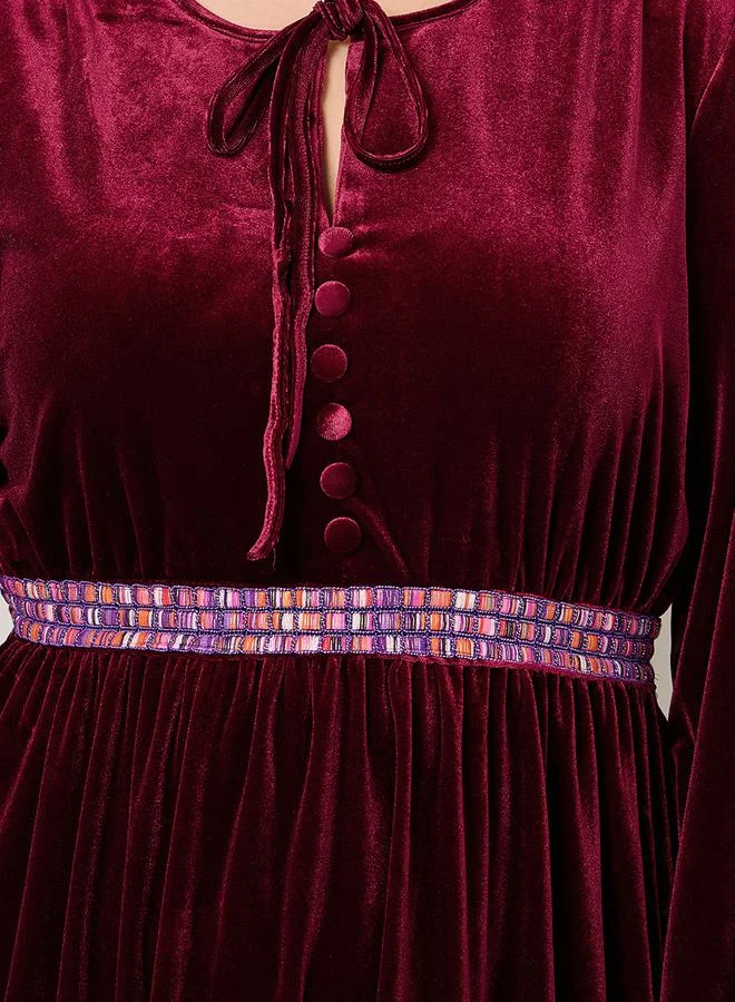 Styli Embellished Waist Detail Velvet Maxi Dress