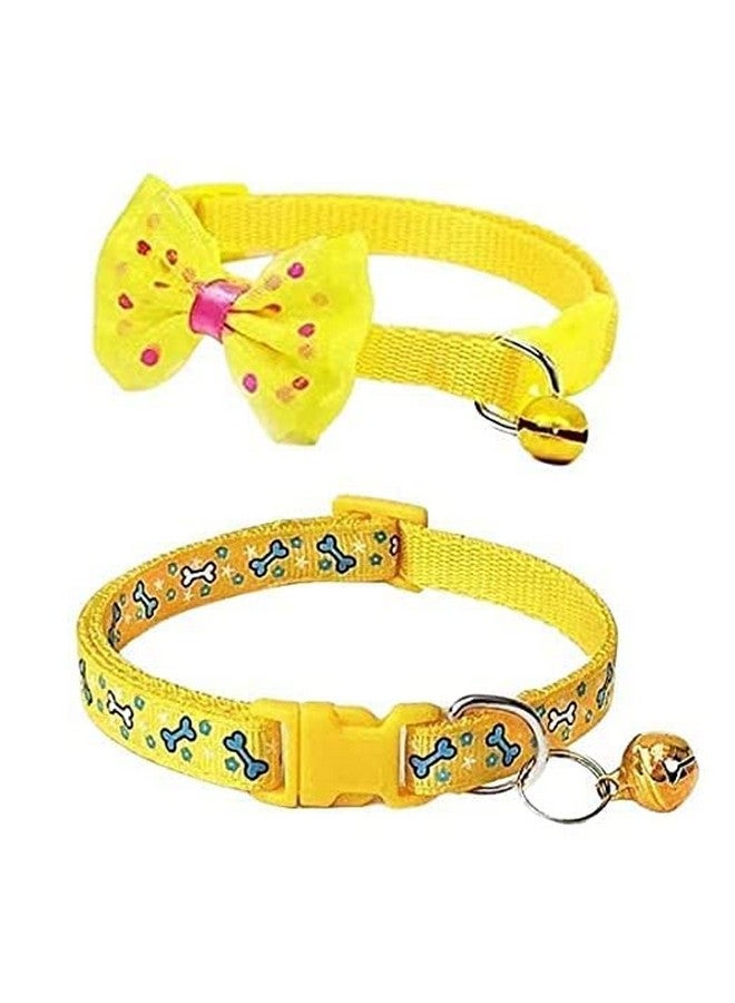 طوق قطط لطيف على شكل ربطة عنق وطوق مطبوع عليه عظمة فاخرة مع جرس، طوق تعريف آمن للجراء والقطط والحيوانات الأليفة الصغيرة، عبوة من قطعتين (لون أصفر) - Image 1