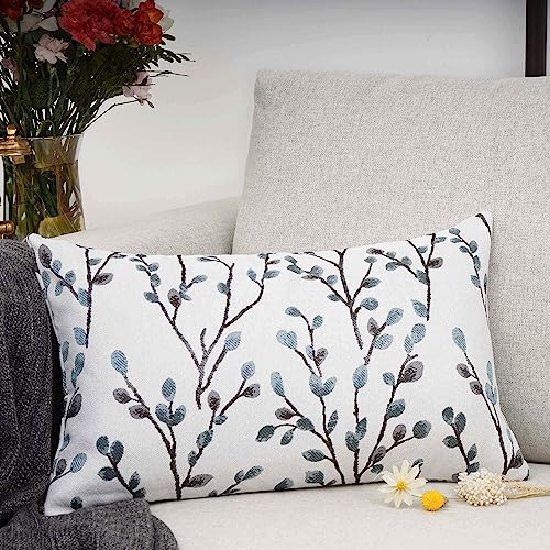 YOUR SMILE Classical Embroidery Jacquard Farmhouse Oblong Rectangle Chenille Teal Leaf Decorative Throw Pillow Case,12x20 inch - Image 2