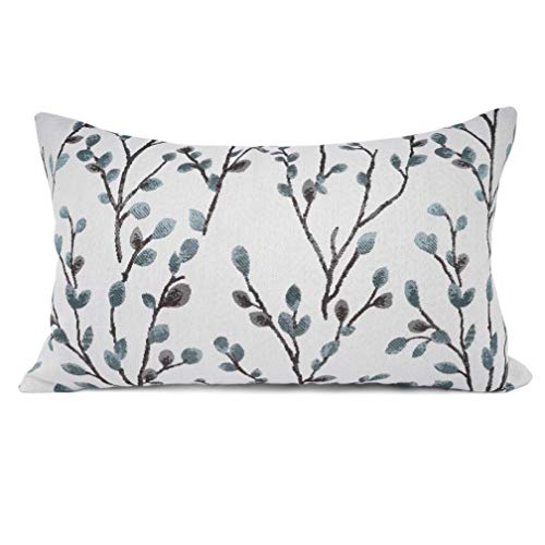 YOUR SMILE Classical Embroidery Jacquard Farmhouse Oblong Rectangle Chenille Teal Leaf Decorative Throw Pillow Case,12x20 inch - Image 1