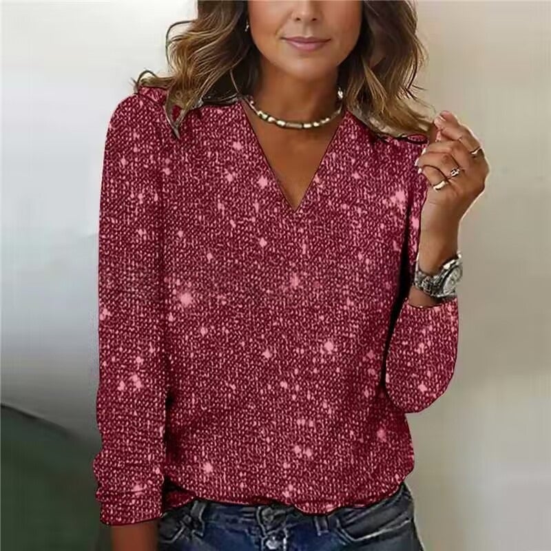 Popular Cross-Border and Independent Site Elegant V-Neck Commuting Elegant Solid Color Sequin Long-Sleeve Top - Image 3