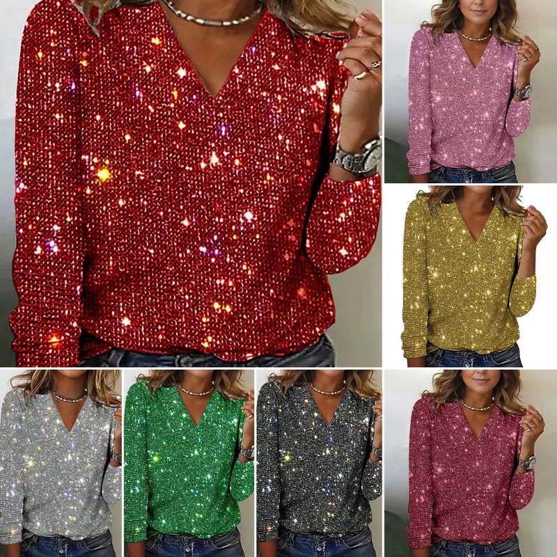 Popular Cross-Border and Independent Site Elegant V-Neck Commuting Elegant Solid Color Sequin Long-Sleeve Top - Image 2