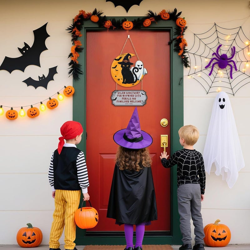 Aurlan Halloween Door Sign Cat,Black Cat Halloween Wall Decor,Spooky Ghost Door Decor,Moon Black Cats Ghost Wooden Hanging for Haunted House Outdoor Indoor Porch Room Yard - Image 5