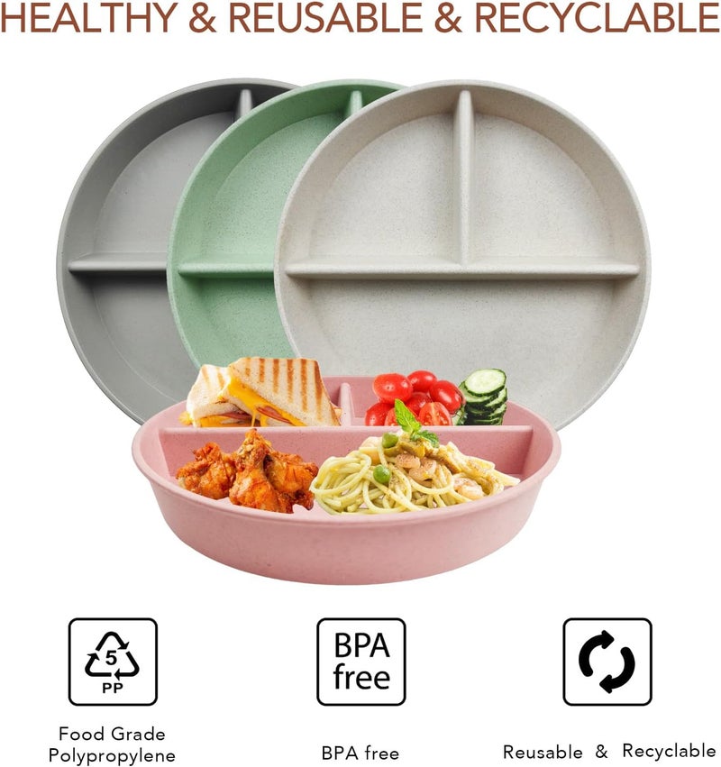 greenandlife 9 Inch 4PCS Divided Plates with Lids Portion Control Plates for Kids Adults Dishwasher Microwave Safe Compartment Plate Unbreakable Lightweight Reusable Wheat Straw Plate Set INS - Image 4