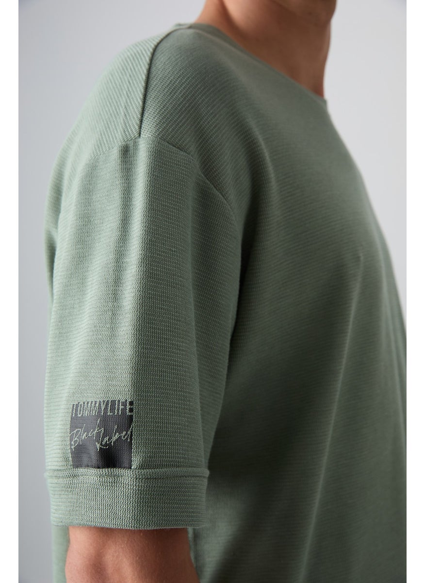 Tommy Life Light Green Cotton Thick Surface Textured Oversize Fit Basic Men's T-Shirt - 88339  - Image 2