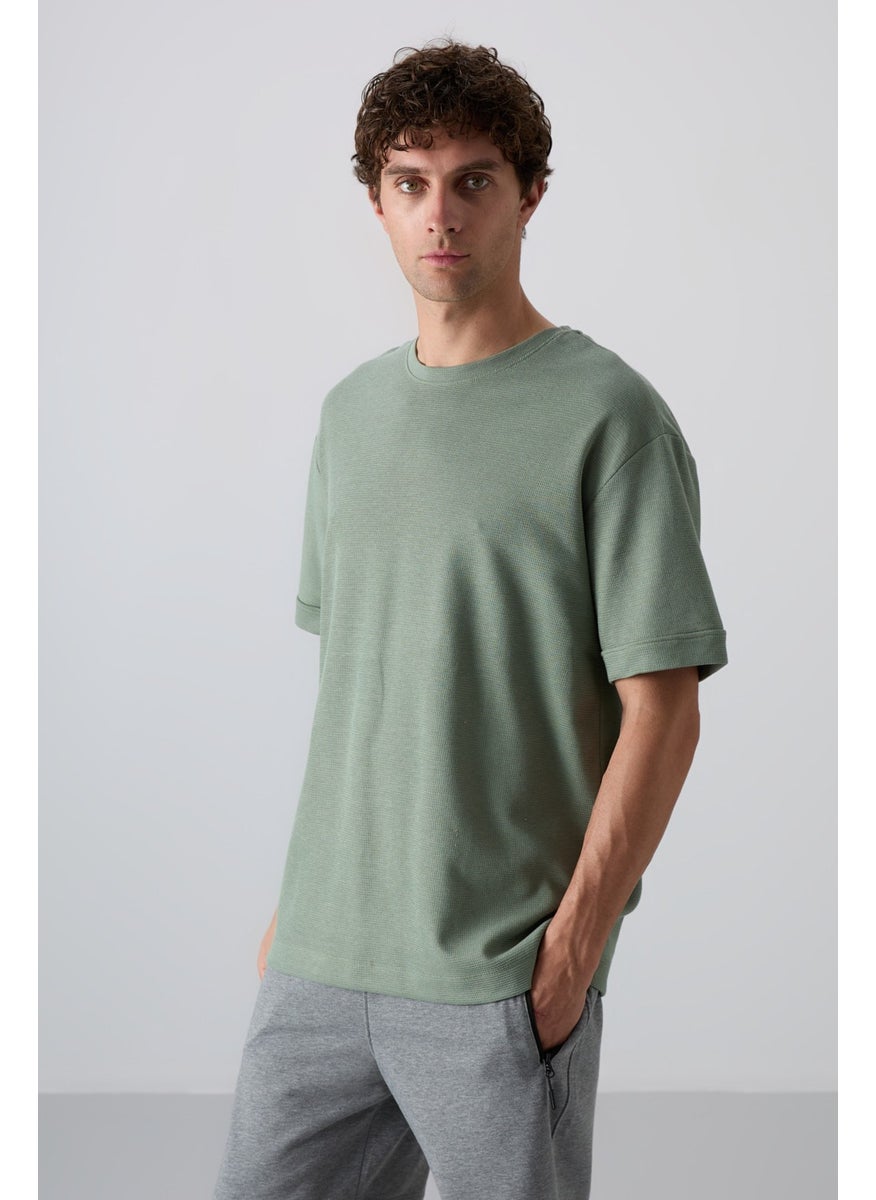 Tommy Life Light Green Cotton Thick Surface Textured Oversize Fit Basic Men's T-Shirt - 88339  - Image 4