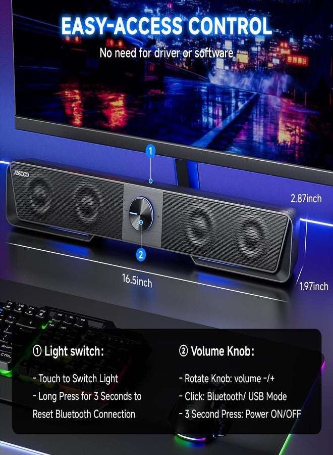 Jeecoo A40 Bluetooth Computer Speakers with Clear Sound, USB Plug & Play PC Speakers with LED Light, Computer Sound Bar with Switch Button for Desktop Laptop Monitor (USB-C Adapter Included) - Image 5