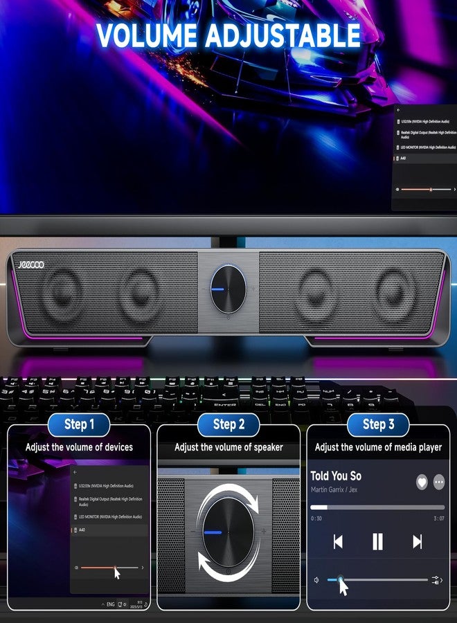 Jeecoo A40 Bluetooth Computer Speakers with Clear Sound, USB Plug & Play PC Speakers with LED Light, Computer Sound Bar with Switch Button for Desktop Laptop Monitor (USB-C Adapter Included) - Image 3