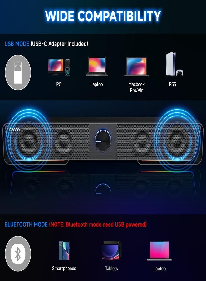 Jeecoo A40 Bluetooth Computer Speakers with Clear Sound, USB Plug & Play PC Speakers with LED Light, Computer Sound Bar with Switch Button for Desktop Laptop Monitor (USB-C Adapter Included) - Image 4