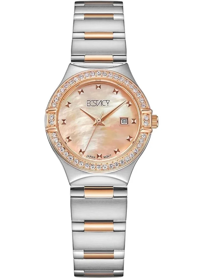ECSTACY Ecstacy Women's Japan Quartz Movement Watch, Analog Display and Brushed With Polished Middle Link Stainless Steel Strap - E6512-KBKM, Silver
